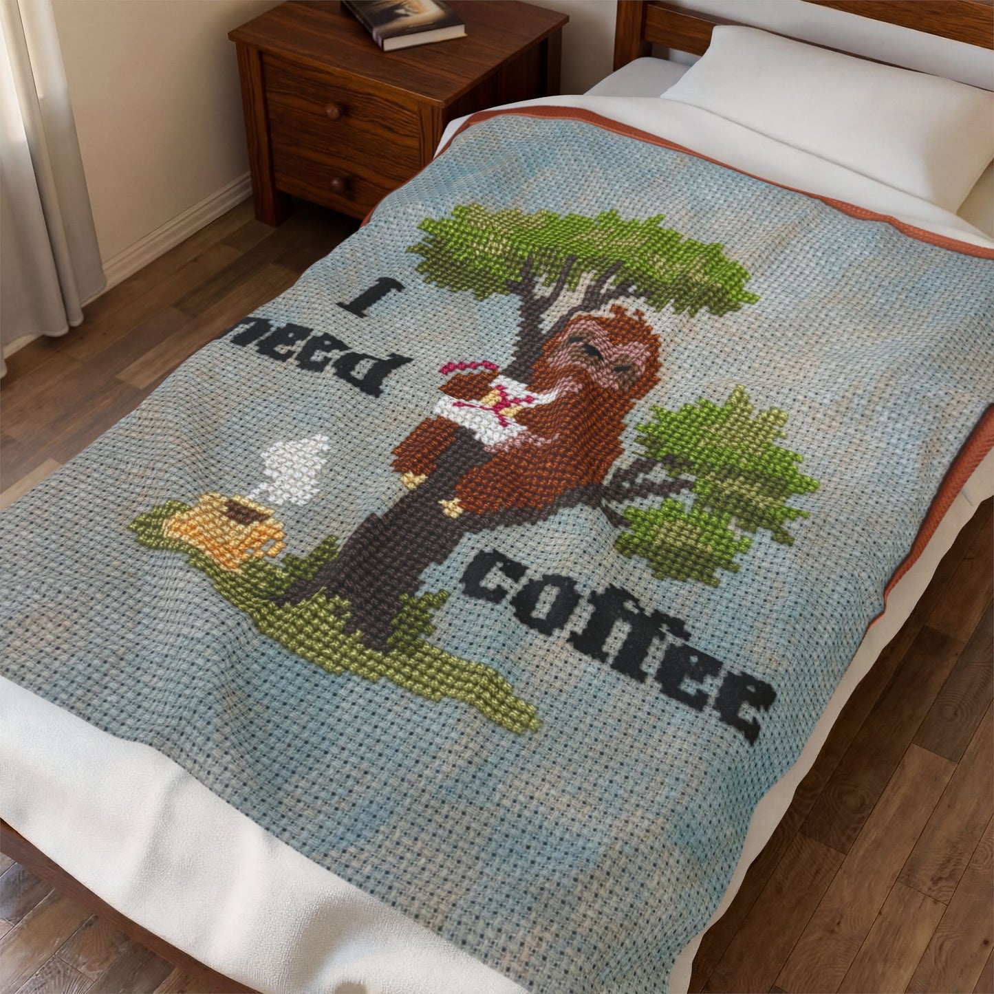 Velveteen Plush Blanket — Cute Sloth 'I Need Coffee' Cozy Throw