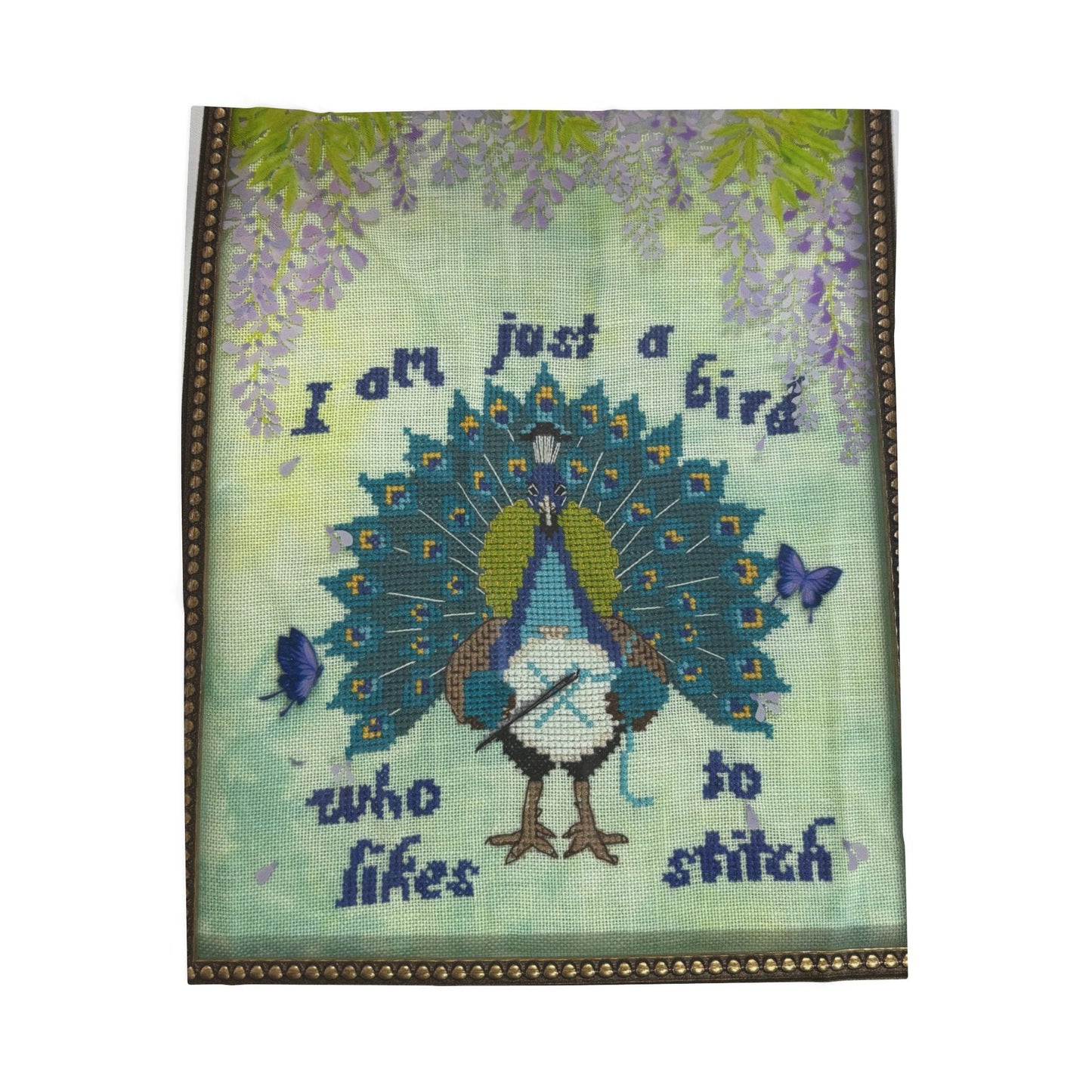 Velveteen Plush Blanket — "I am just a bird who likes to stitch" Peacock Cross-Stitch Design