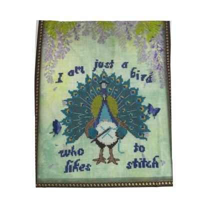 Velveteen Plush Blanket — "I am just a bird who likes to stitch" Peacock Cross-Stitch Design