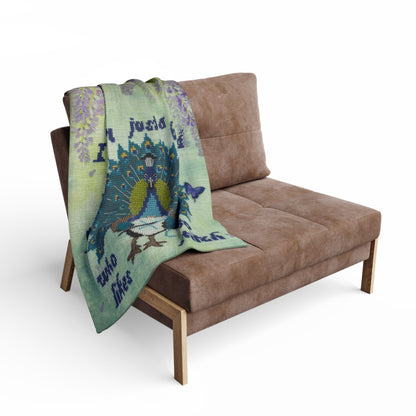 Arctic Fleece Blanket — 'I Am Just a Bird Who Likes to Stitch' Peacock Embroidered Throw