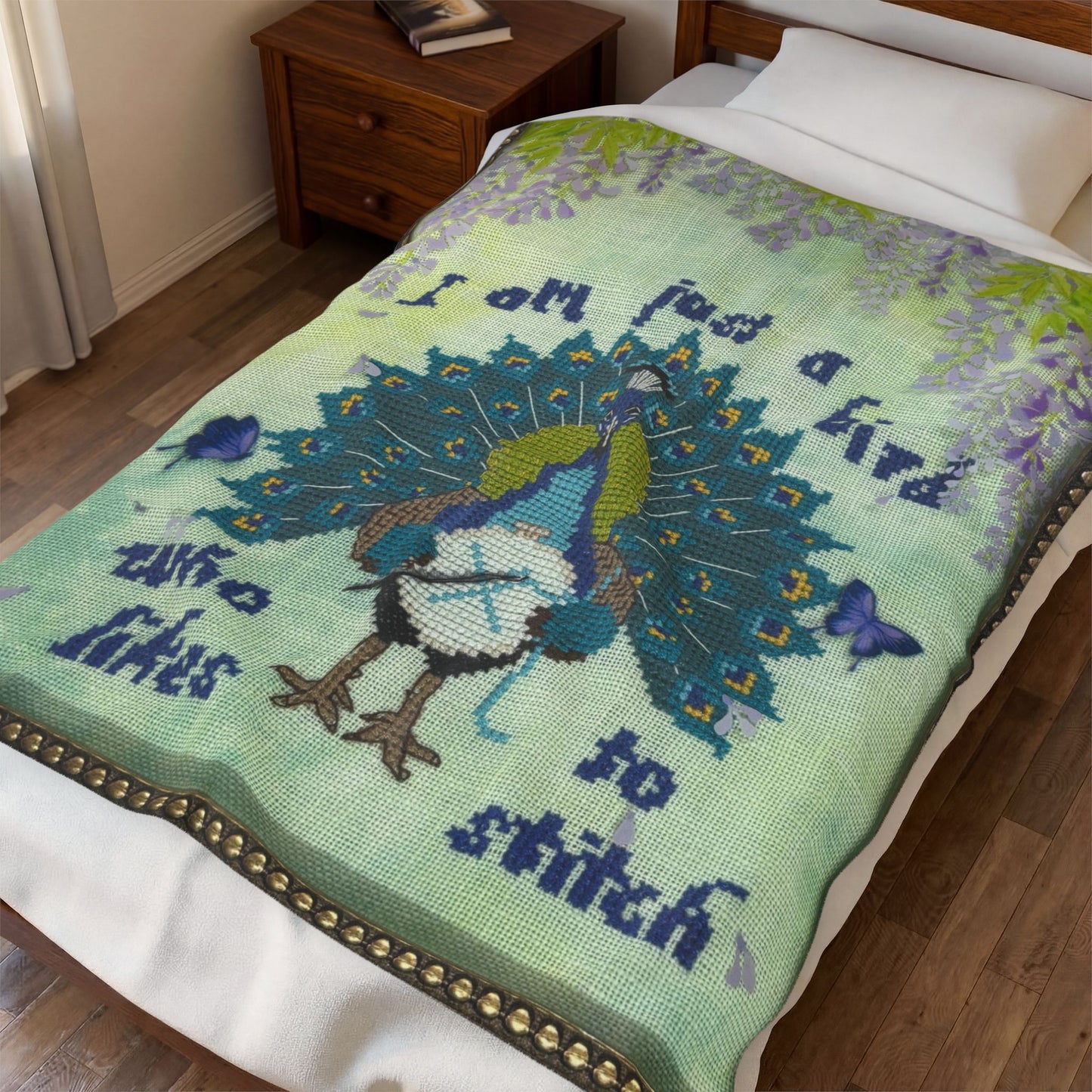 Velveteen Plush Blanket — "I am just a bird who likes to stitch" Peacock Cross-Stitch Design