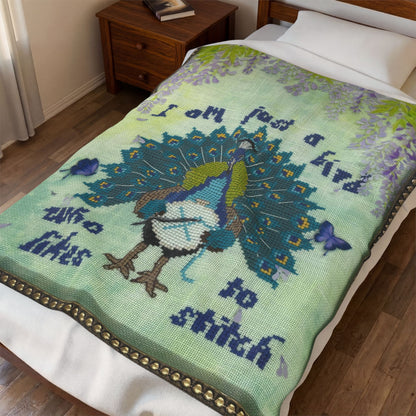 Velveteen Plush Blanket — "I am just a bird who likes to stitch" Peacock Cross-Stitch Design