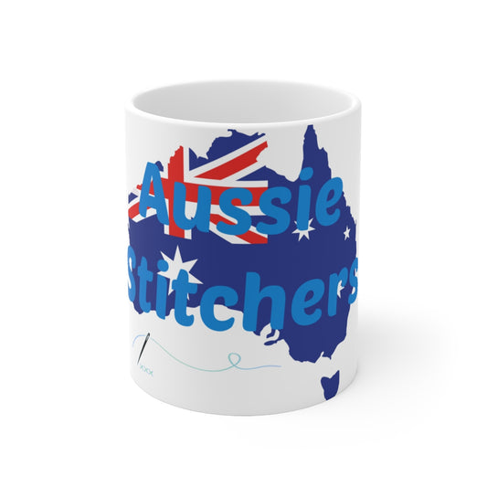 Aussie Stitchers White Ceramic Coffee Cups, 11oz, 15oz