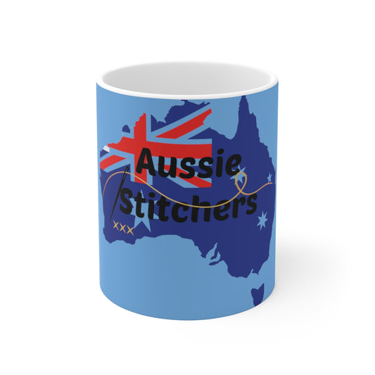 Aussie Stitchers Blue Ceramic Coffee Cups, 11oz, 15oz
